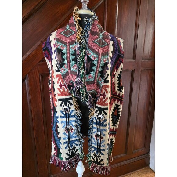 Every Stitch Counts Texas Southwest Style Tapestry Vest With Fringe - Picture 2 of 7